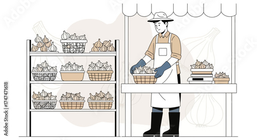 Illustration of Garlic Seller in Farmers Market or a Vegetable Stall for Sale