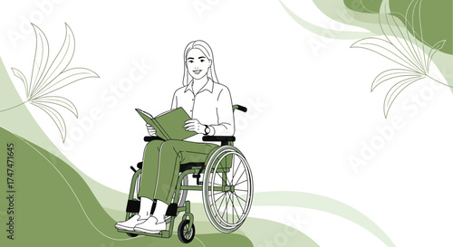 Illustration of a woman in a wheelchair reading a book with a green background