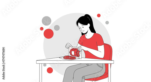 Illustration of a woman in red top preparing packaged meat at a table simple drawing