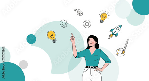 Illustration of a woman pointing towards creative ideas, concepts and innovation