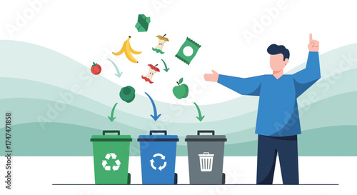 Illustration of person explaining recycling process with different waste types and bins