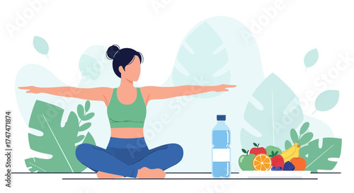 Illustration of a woman practicing yoga with fruits, water and leaves in the background
