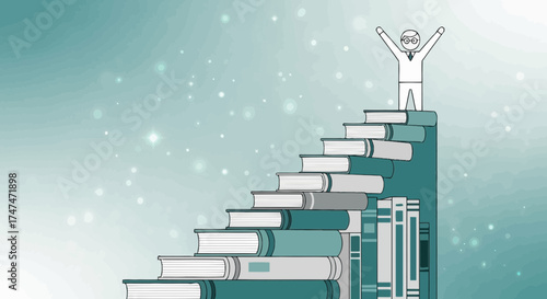 Illustration Of Person Standing At The Top Of A Book Staircase Representing Education