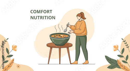 Illustration of a woman preparing a healthy and comforting bowl of soup for nutrition