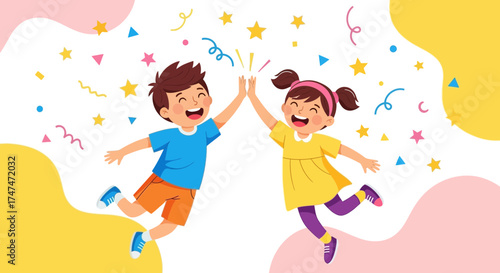 Illustration of two happy children celebrating with high-fives and confetti, joyful