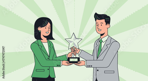Illustration of two people receiving an award, business recognition and achievement