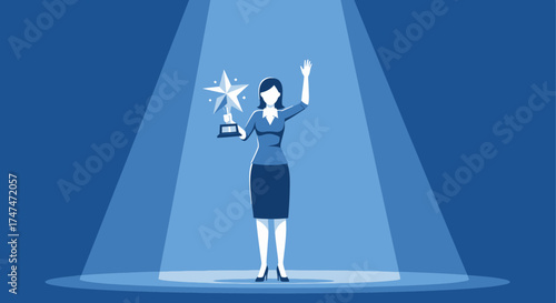Illustration of a Woman Receiving an Award and Being in the Spotlight with the Star Trophy