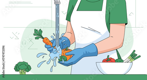 Illustration Of Washing Fresh Vegetables Under Running Water For Healthy Cooking