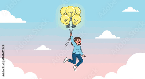 Illustration of a woman soaring upwards with balloons shaped as light bulbs representing ideas