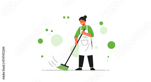 Illustration of a woman sweeping the floor in a minimalist and modern style