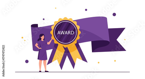 Illustration of a woman with award ribbon showing recognition and achievement