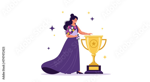 Illustration of a woman with a trophy and flowers representing achievement