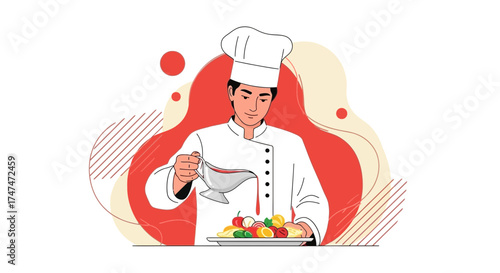 Illustrative depiction of a chef pouring sauce in a plate for a fine dining presentation