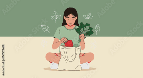 Illustration of a woman with produce, representing healthy and sustainable lifestyle