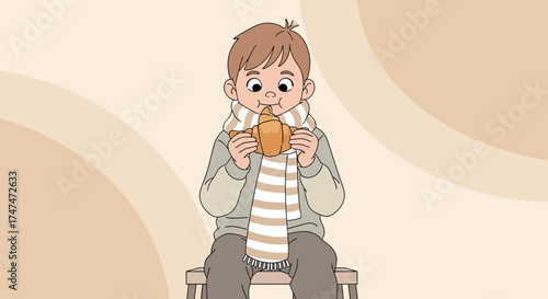 Illustration of a young boy enjoying a croissant, warm and pleasant image