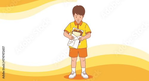 Illustration of a young boy holding a sandwich, ready to eat, flat design style