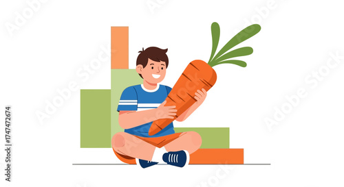 Illustration of a young boy holding a giant carrot smiling with a healthy view