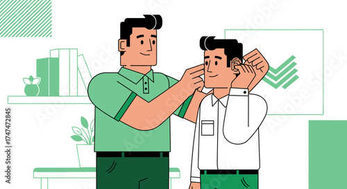 Illustration of an audiologist checking a patient's hearing in a clinic setting