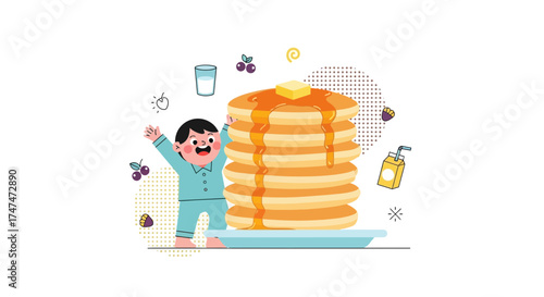 Illustration of Boy Excited for Pancakes Breakfast with Syrup and Butter