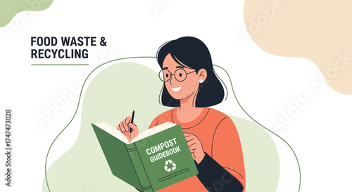 Illustration of composting concept with a woman reading a compost guidebook related to waste