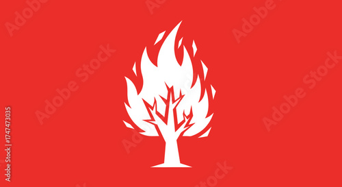 Burning tree symbol against a flat background, possible icon for environmental or social issues, or as design element