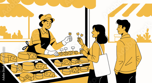 Illustration of customers buying cheese from a shop vendor at marketplace or food stall