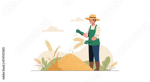 Illustrative Farmer Seeding Wheat Field For Agriculture Harvest Season Landscape