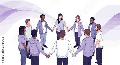 Illustration of diverse group of people holding hands in a circle, teamwork concept