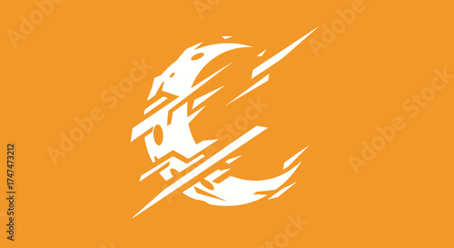 Moon slice. White vector art, flat orange backdrop. Use app, science, poster