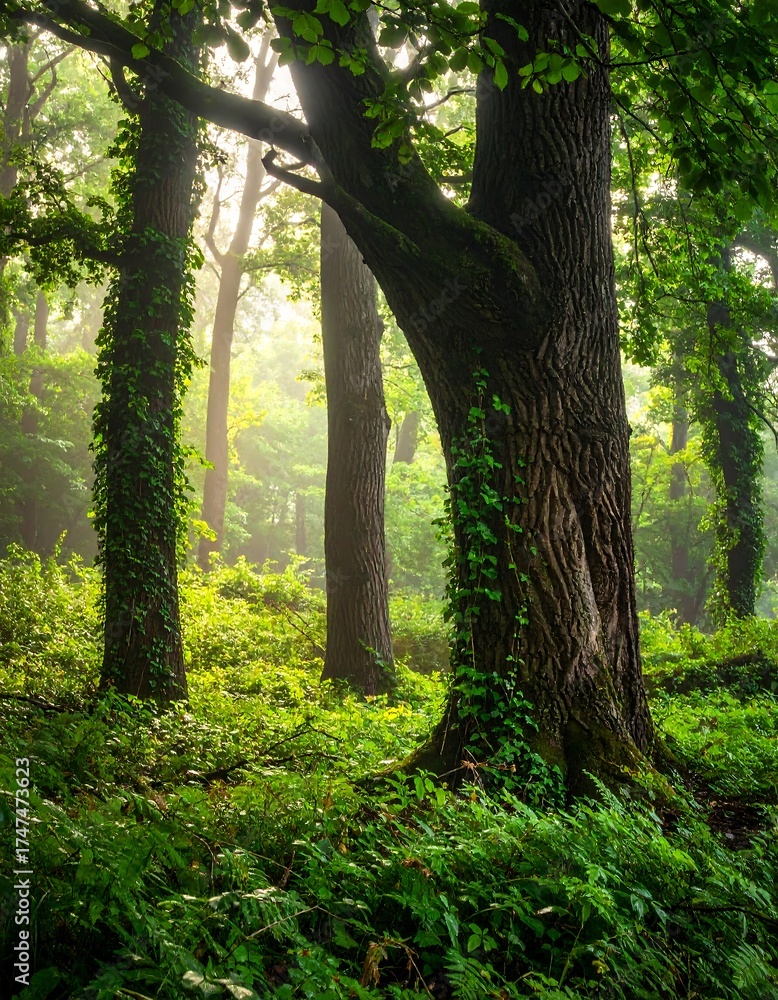 Obraz premium Dense forest scene with old trees and vibrant green foliage