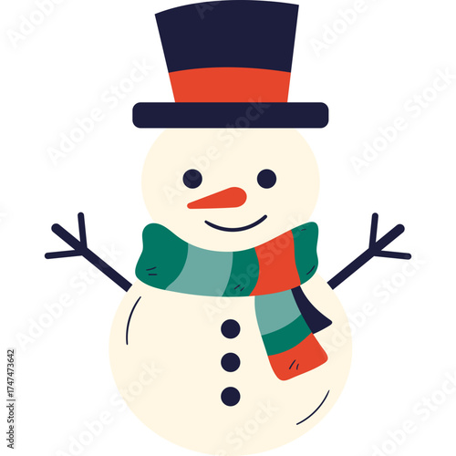 Flat Vector Illustration of a Jolly Christmas Snowman Smiling in Winter