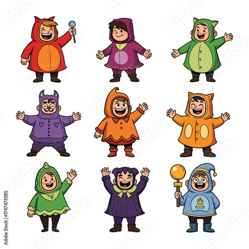A colorful collection of nine cartoon children wearing cute animal and fantasy costumes.