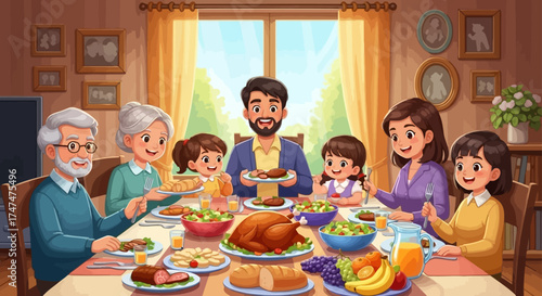 Illustration of a diverse family enjoying a meal together at a table in a cozy living room.