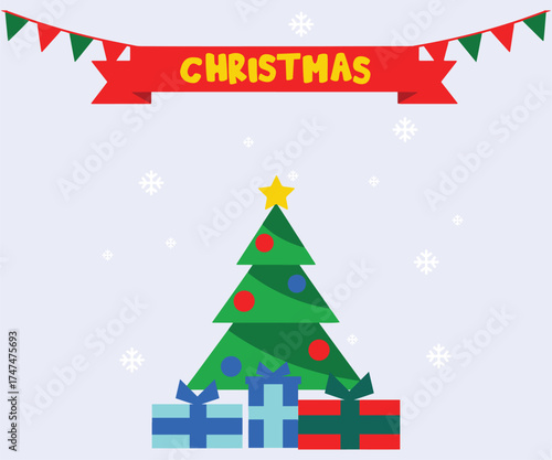 A festive winter holiday illustration featuring a decorated Christmas tree with colorful ornaments and presents underneath, set against a snowy background