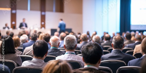 Rear view of people in audience at the conference hall, Speaker giving a talk in conference hall at business event.