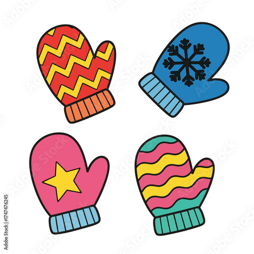 A vibrant collection of four illustrated winter mittens each with a unique colorful pattern like a star snowflake chevron and waves.