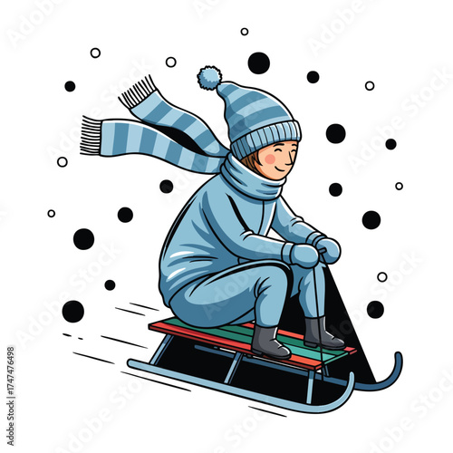 Cheerful person in blue winter clothes with a striped scarf sledding on a toboggan.