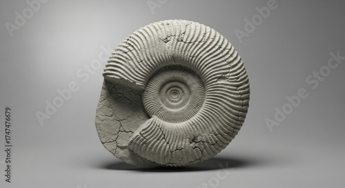 Ancient ammonite fossil with intricate spiral patterns for archaeology studies, paleontology research, and earth science presentations - stunning detail