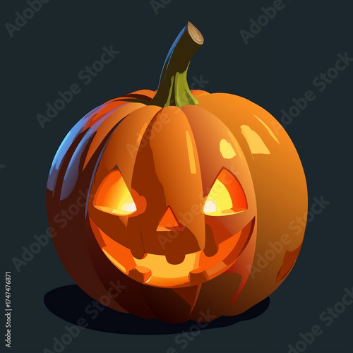Realistic 3D Carved Pumpkin with Candle Light, Glowing Jack O Lantern on Dark Background, Spooky Halloween Decoration