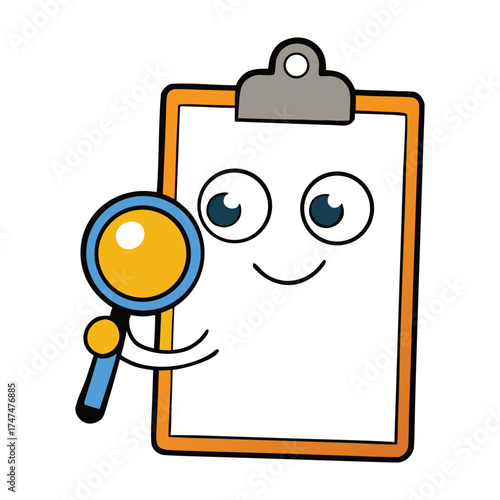 A curious emoticon carefully examines a clipboard, jotting notes and inspecting details with focused eyes, capturing the essence of careful observation and analysis.
