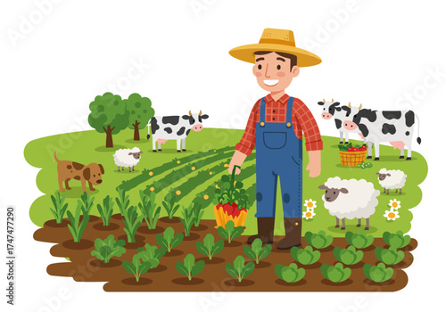 Vector illustration of a farmer working on an agricultural farm with animals