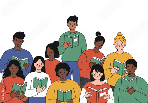 Vector illustration of a diverse community of people reading books