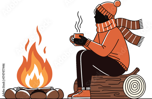 Stylized illustration of a person in a beanie and scarf warming up by a campfire with a hot drink.