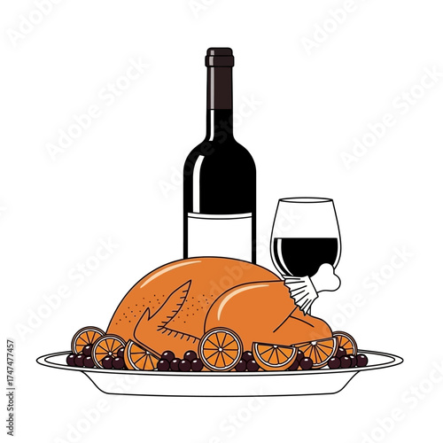 A festive roasted turkey dinner served on a platter with a bottle and glass of red wine, isolated on a white background.