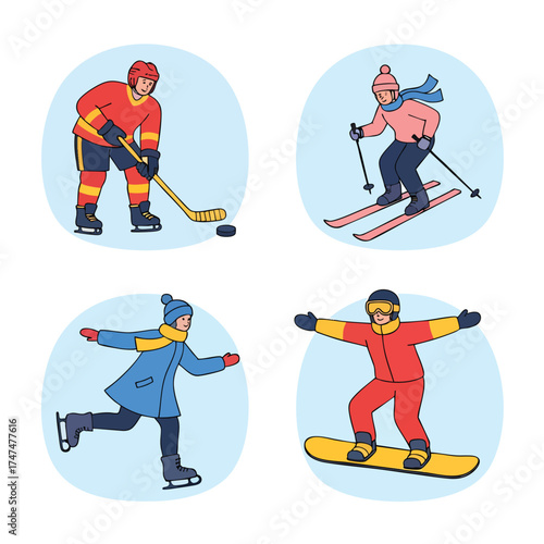Winter sports activity collection with illustrated characters hockey player skier ice skater and snowboarder.