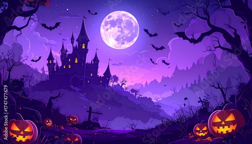 Purple Halloween Night With Moon And Haunted Castle