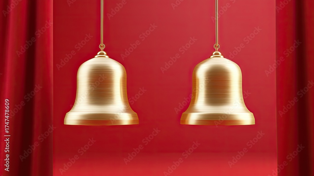 Obraz premium Elegant Golden Bells Hanging Against Red Background with Luxurious Curtains
