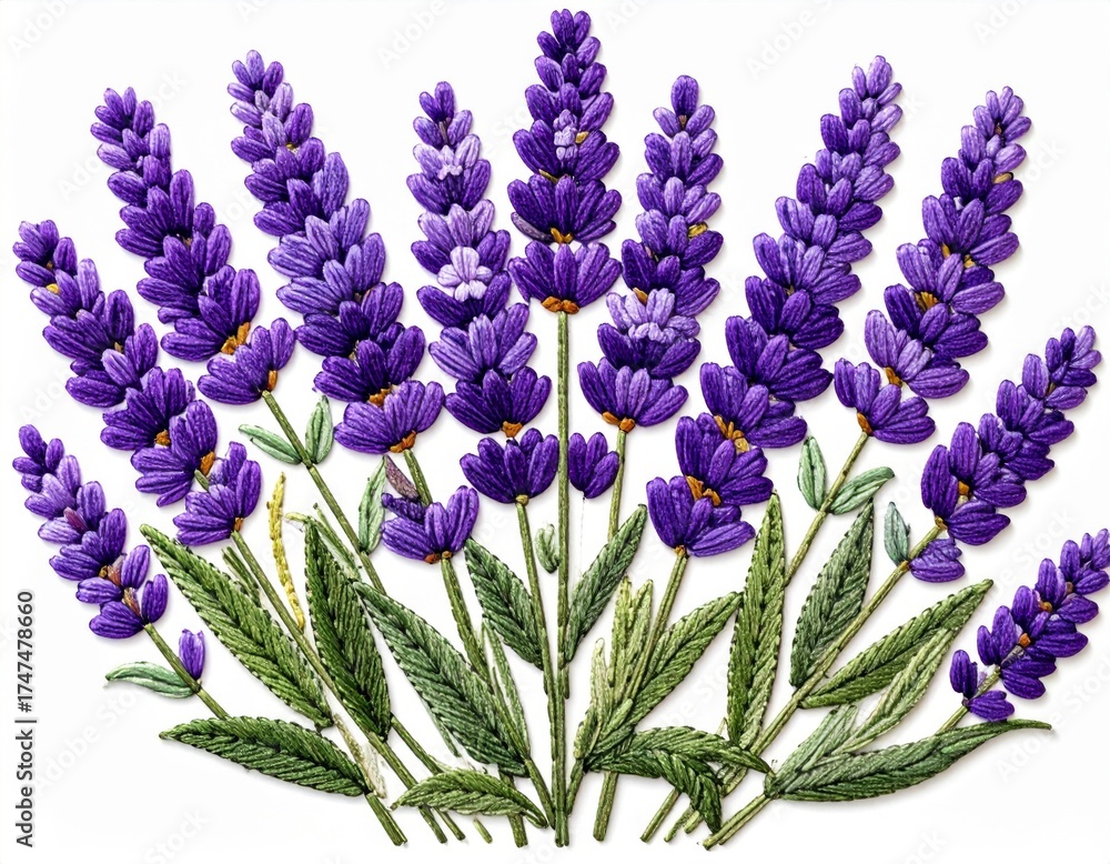 Fototapeta premium Purple Lavender Blossoms with Green Leaves Floral Arrangement on White Background