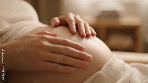 Gentle hands cradle the pregnant belly, anticipation grows as baby moves within, creating a tender moment of maternal connection