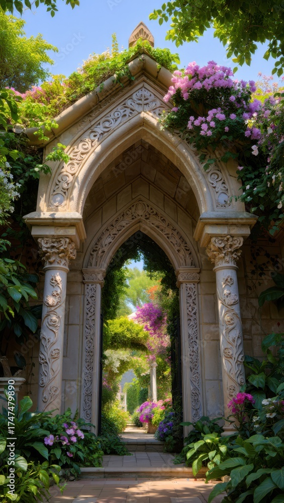 Fototapeta premium Enchanting stone archway entrance to a lush secret garden